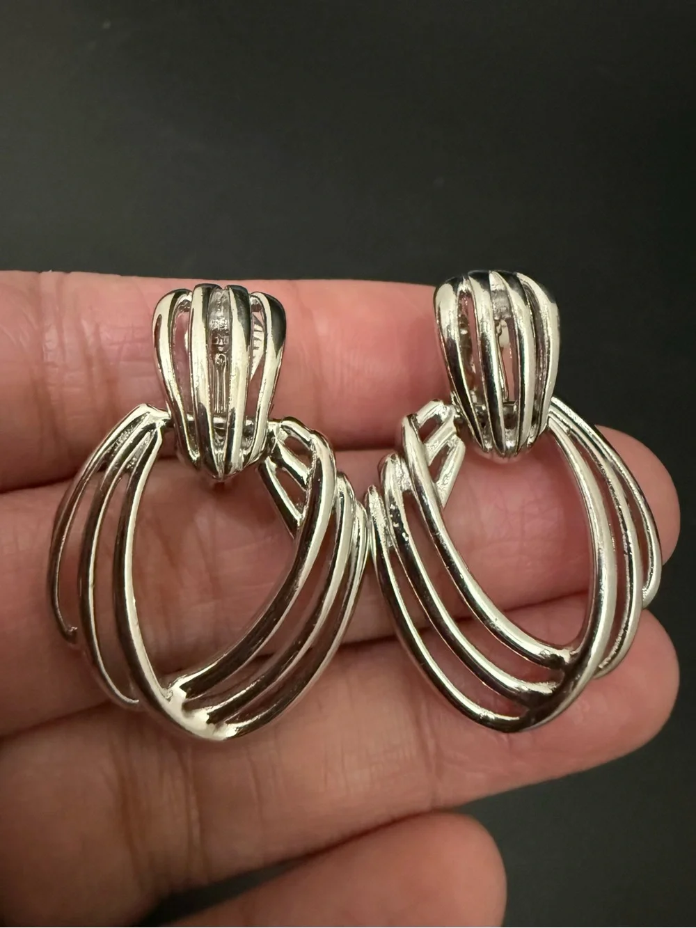 Vintage MONET Silver-tone Openwork Triple Hoop Loop Door Knocker Clip Earrings